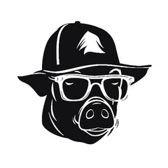 A pig wearing glasses and a hat  , silhouette vector illustration transparent background
