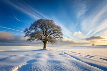 Lone tree in snow-covered field with blue sky