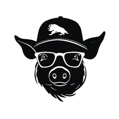 A pig wearing glasses and a hat  - silhouette vector illustration transparent background
