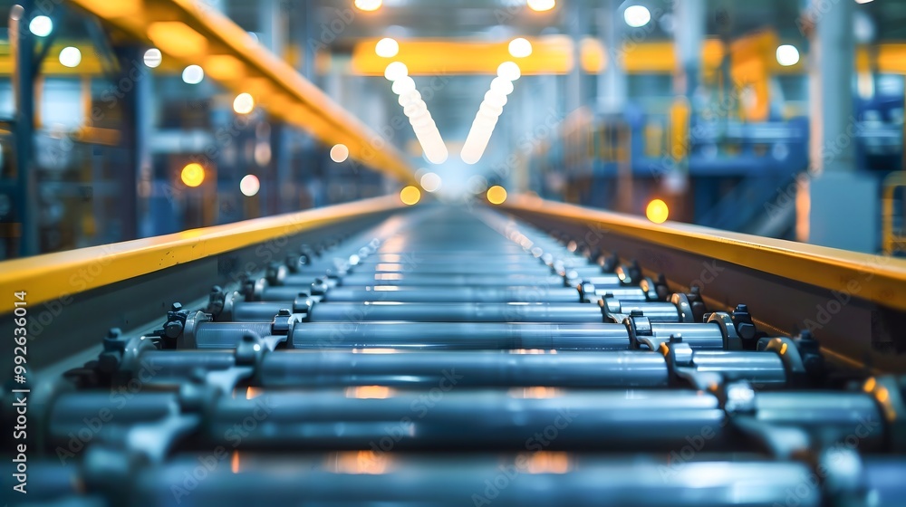 Poster a conveyor line in factory setting with blurred background with bright lights illuminating metallic 