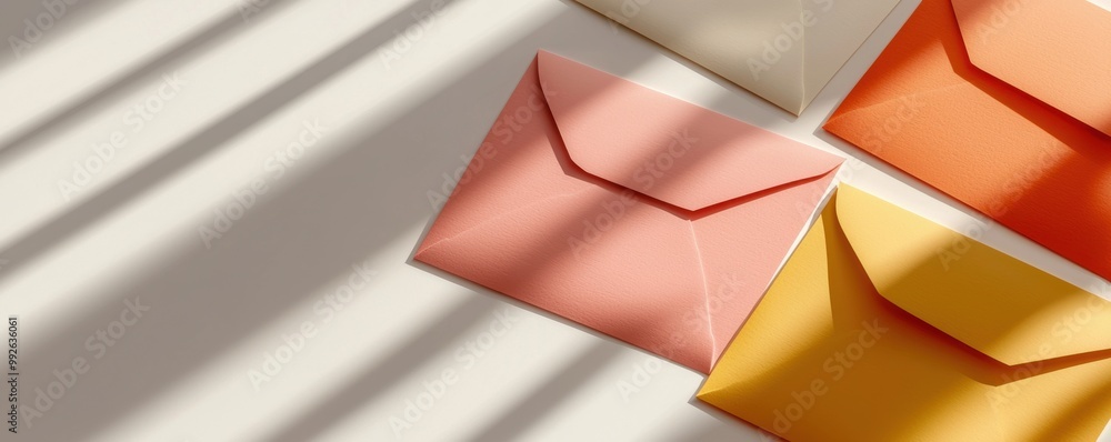Poster colorful envelopes casting shadows on a surface, creating a vibrant and artistic composition for sta
