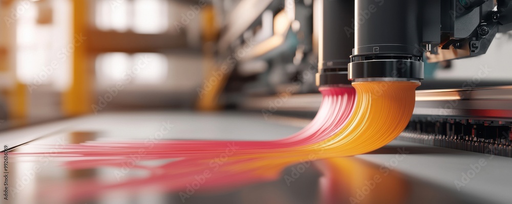 Poster an advanced printing machine is creating vibrant colored patterns on a smooth surface, showcasing mo