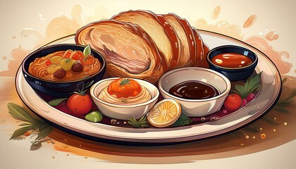 Illustration of Delicious Food on a Plate, Yummy Food Concept