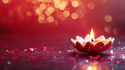 Single diya with floral carvings, set against a ruby red backdrop with subtle light bokeh, copy space, happy Diwali background, traditional, Indian festival