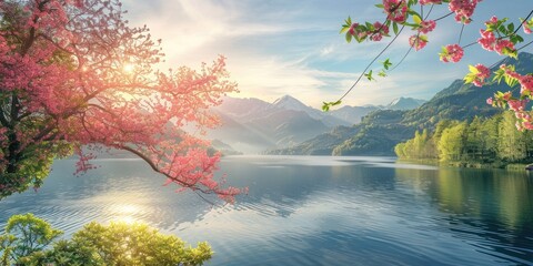 A tranquil spring landscape with a calm lake, surrounded by the vibrant greens and pinks of blooming trees and flowers, with mountains in the distance under bright sunlight.