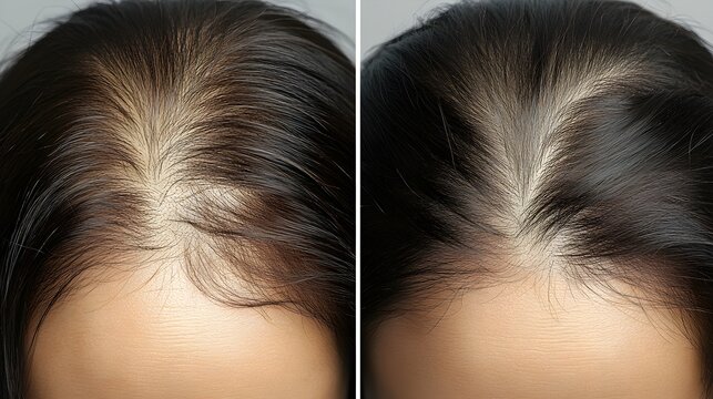 Head before and after hair loss treatment, detailed view of scalp with reduced thinning and visible hair growth, Hyper-Realistic, Neutral Lighting