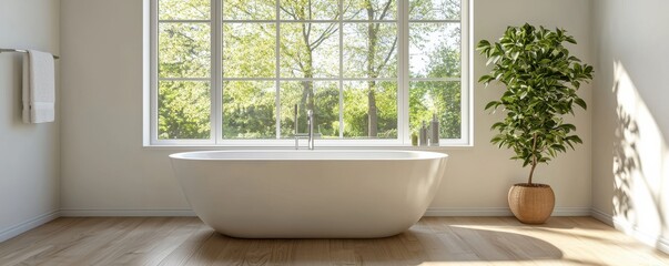 Fototapeta premium A modern bathroom scene featuring a freestanding bathtub, large windows, and a green plant, creating a serene and relaxing atmosphere.