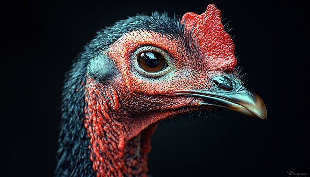 A majestic close-up of a turkey, perfect for Thanksgiving promotions, menus, or decor. The striking details enhance autumnal celebrations and festive events.