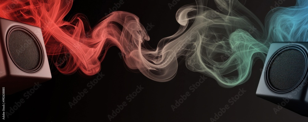 Poster vibrant sound waves emanating from speakers, creating an energetic atmosphere with colorful smoke in