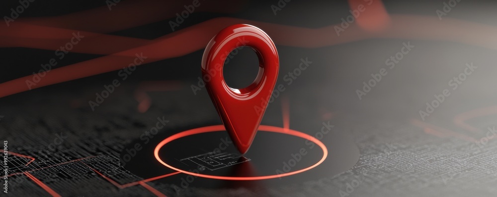 Poster red location pin on a map, representing navigation and geographic positioning.