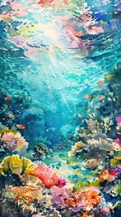 Watercolor paintings of underwater landscapes. Coral reefs, sea ​​anemone. Use for phone wallpapers, posters, postcards.