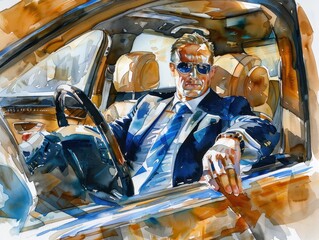 A watercolor painting of a handsome, wealthy young businessman with his trusty luxury car.