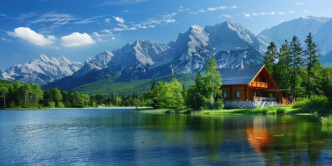 A tranquil spring scene with a wooden cabin near a serene lake, with majestic mountains and vibrant greenery under the clear blue sky.