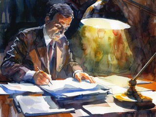 Watercolor drawing of executives rushing to review and sign documents.