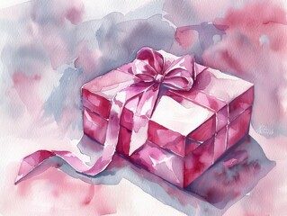 Watercolor painting of a cute bright pink gift box with ribbon. Gifts for various festivals.