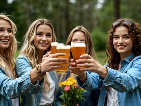 Cheerful young women on party celebrating birthday or special event. Drinking beer party with group of friends in the park. Bouquet of summer flowers and beverage in the green park on summer day. - Powered by Adobe