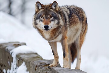 Fototapeta premium A regal wolf standing on a snowy ledge its piercing eyes and thick fur coat captured against a stark white background