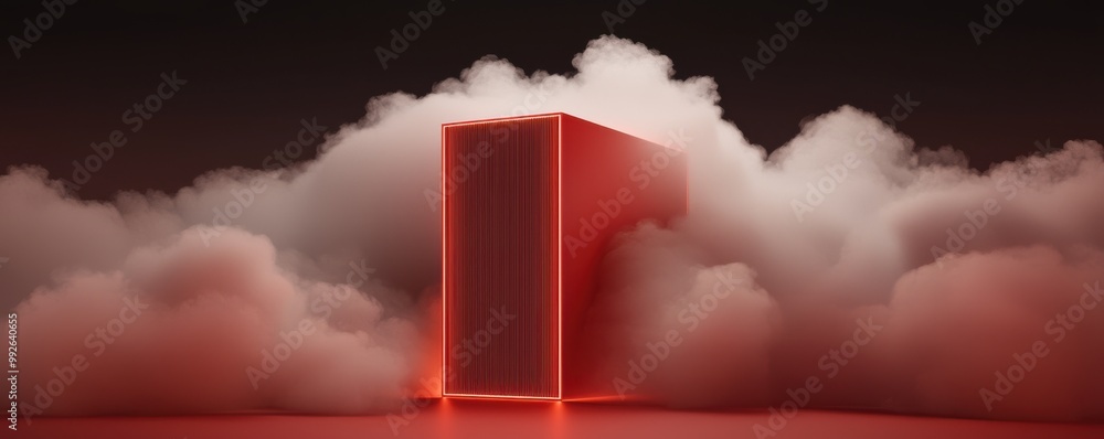 Poster a glowing cube emerges from a mystical fog, creating a surreal and mysterious atmosphere filled with