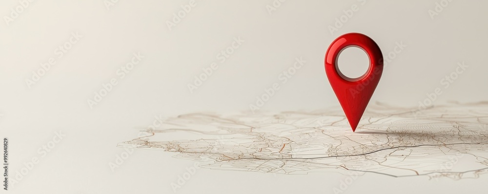Poster a vibrant red location pin on a minimalist background, symbolizing navigation and geographical focus