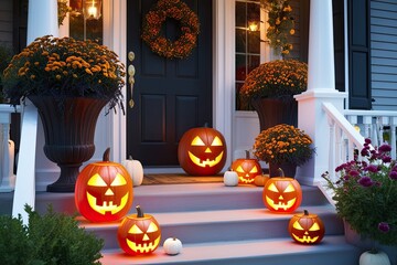 Obraz premium Stylish Halloween Outdoor Decor Featuring Glowing Jack o Lanterns and Beautiful Flowers for a Welcoming Front Porch