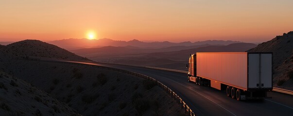 Obraz premium A truck travels along a winding road at sunset, showcasing the beauty of transportation against a stunning landscape.