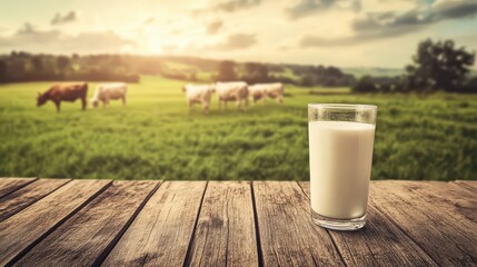Fresh milk from pitcher into the glass with grass field and cows with a natural background,fresh milk ad template banner,Cows live on natural pastures, packaging with milk packs concept.