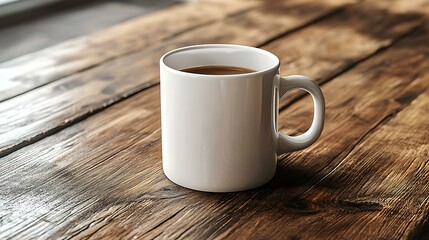 A white mug placed on a wooden table with space for a logo or design mockup
