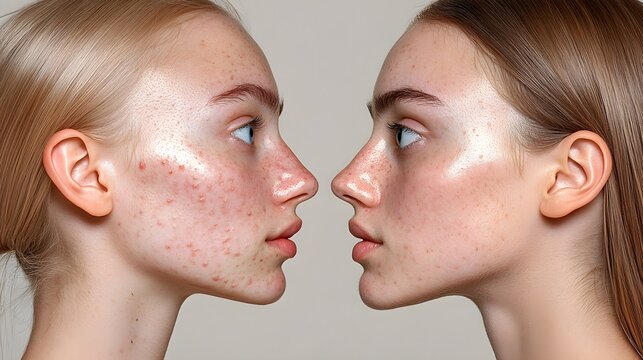 Facial transformation from cystic acne to clear, even-toned skin after treatment, side-by-side view, Realistic, Crisp Focus, Natural Skin Tones