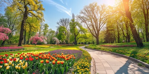 A vibrant spring park with colorful flower beds, tall trees with fresh leaves, and a pathway winding through the greenery under a sunny sky.