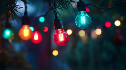 Colorful string lights illuminate a garden during twilight in the festive season