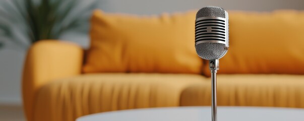 A stylish microphone in a cozy setting, perfect for music, podcasts, or home studio use.