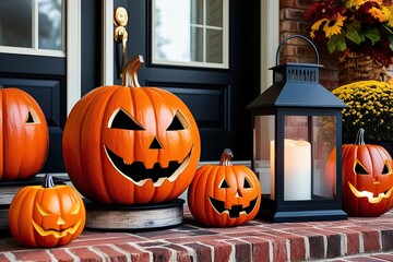 Obraz premium Halloween Pumpkin Decorations and Lantern Ideas for Festive Autumn Porch Decor