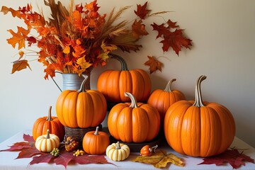 Naklejka premium Vibrant Orange Pumpkins and Fall Leaves Cheerful Harvest Display on Light Background