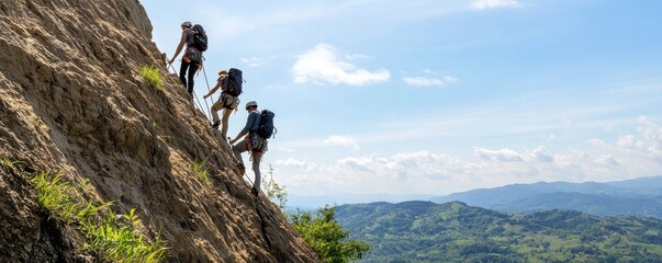 Adventure seekers climbing a rocky mountain, enjoying breathtaking views and the thrill of outdoor exploration.