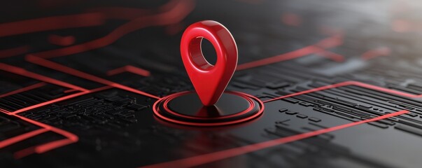 A striking close-up of a red location pin on a digital map, symbolizing navigation and mapping technology.