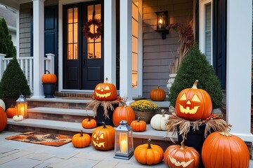 Obraz premium Charming Outdoor Home Decor Featuring Whimsical Pumpkins and Glowing Lanterns on a Festive Porch