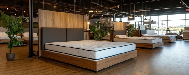 Modern bed display in a bright showroom featuring minimalist design and greenery for a calming atmosphere.