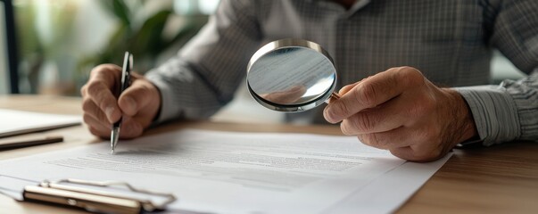 A person examining a document with a magnifying glass, showcasing attention to detail and analytical skills.