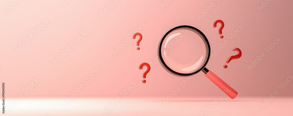 Poster a magnifying glass surrounded by question marks on a soft pink background, symbolizing investigation