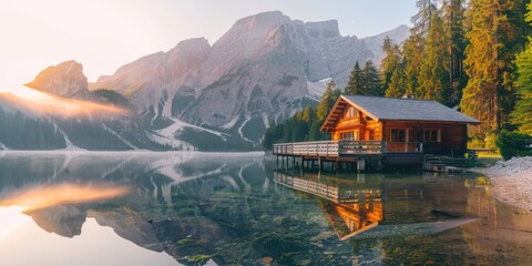 Naklejka premium A wooden house near a clear lake with a backdrop of mountains, bathed in the soft pink and orange tones of a spring sunrise after a rainy night.