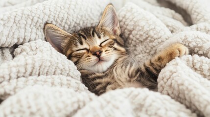 Kitten rolling in a pile of soft blankets, snuggly play, warm, inviting
