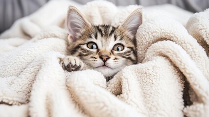 Kitten rolling in a pile of soft blankets, snuggly play, warm, inviting