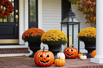 Obraz premium Enchanting Halloween Pumpkins and Delightful Lanterns for October Porch Decor and Outdoor Home Design