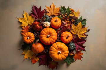 Autumn Foliage and Colorful Pumpkins Collage on a Soft Background