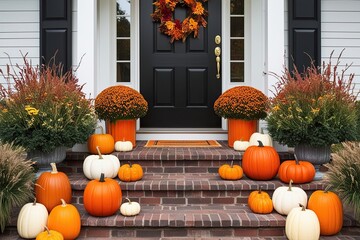 Halloween Pumpkin Decorations and Autumn Floral Arrangements for Outdoor Doorstep Style