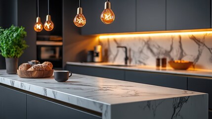 Modern kitchen with marble island and pendant lighting