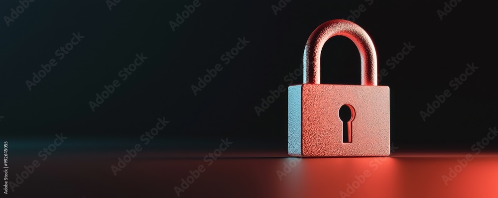 Poster metallic lock with a keyhole, illuminated by dramatic lighting. ideal representation of security and