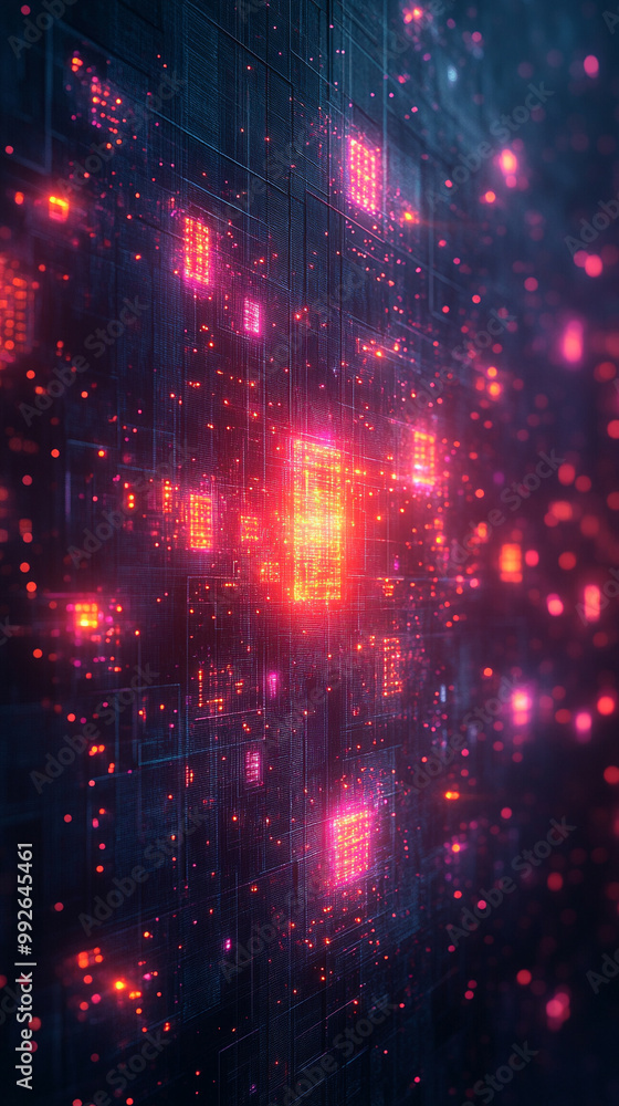 Poster abstract representation of blockchain and online storage technology, showcasing interconnected blocks and digital patterns, symbolizing security, transparency, and the future of data management