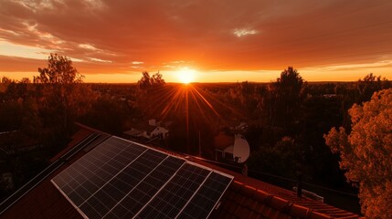 Pannelli solari su un tetto di una casa al tramonto, rappresentando la sostenibilit&agrave; e l'energia rinnovabile nelle aree urbane e extraurbane. 