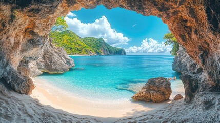 Turquoise water reaching sandy beach under rock arch formation
